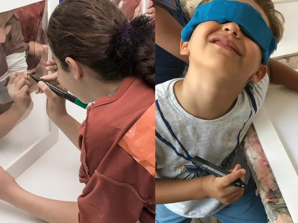 Drawing on a clear frame, and drawing blindfolded