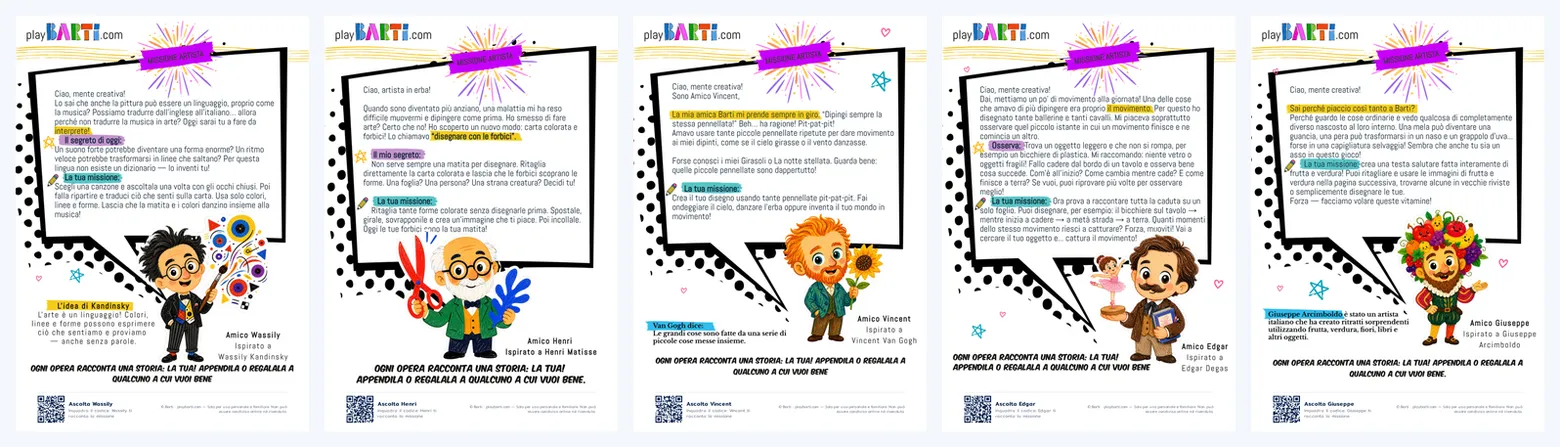 Le cinque missioni Barti dedicate agli artisti: Kandinsky, Matisse, Van Gogh, Degas e Arcimboldo