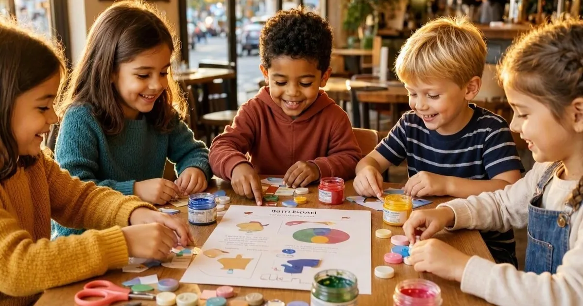 Children doing a creative activity together around a table in a café