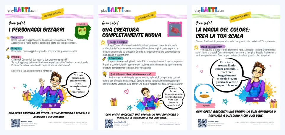 Tre schede Barti che tuo figlio può fare da solo: I Personaggi Bizzarri, Una Creatura Completamente Nuova e La Magia del Colore