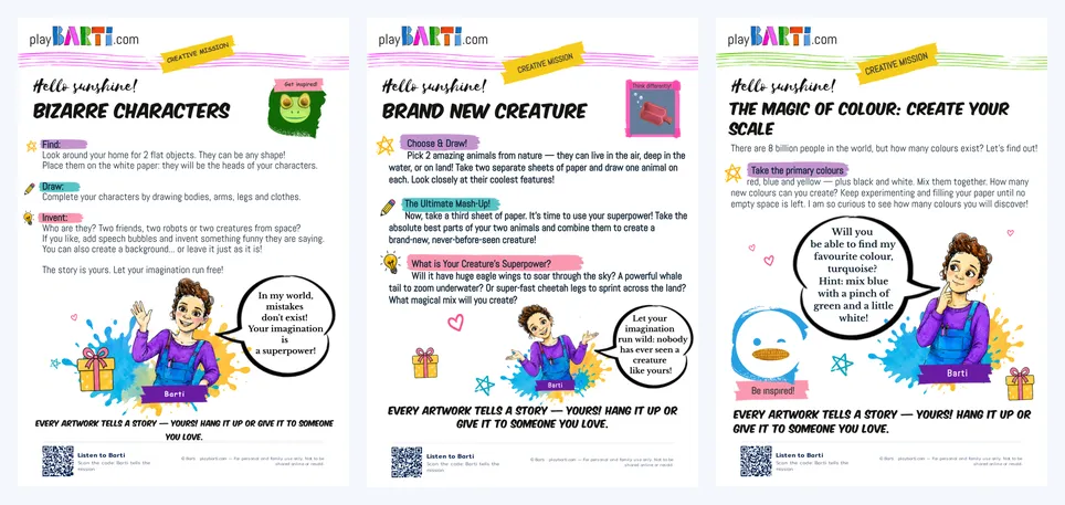 Three Barti mission sheets your child can do on their own: The Bizarre Characters, Brand New Creature and The Magic of Colour