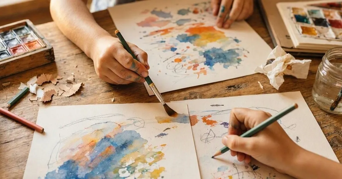 Two children painting abstract watercolours side by side at a wooden table