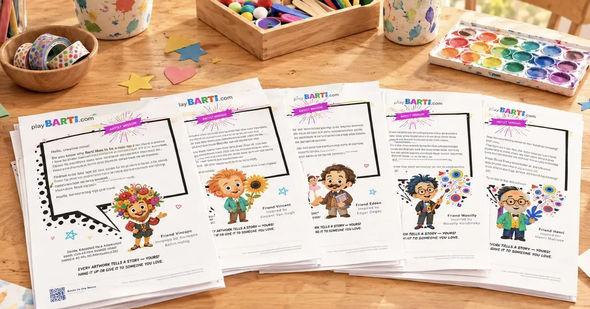 Schede delle missioni Barti dedicate agli artisti stampate su un tavolo di classe, con colori, pennelli e carta colorata